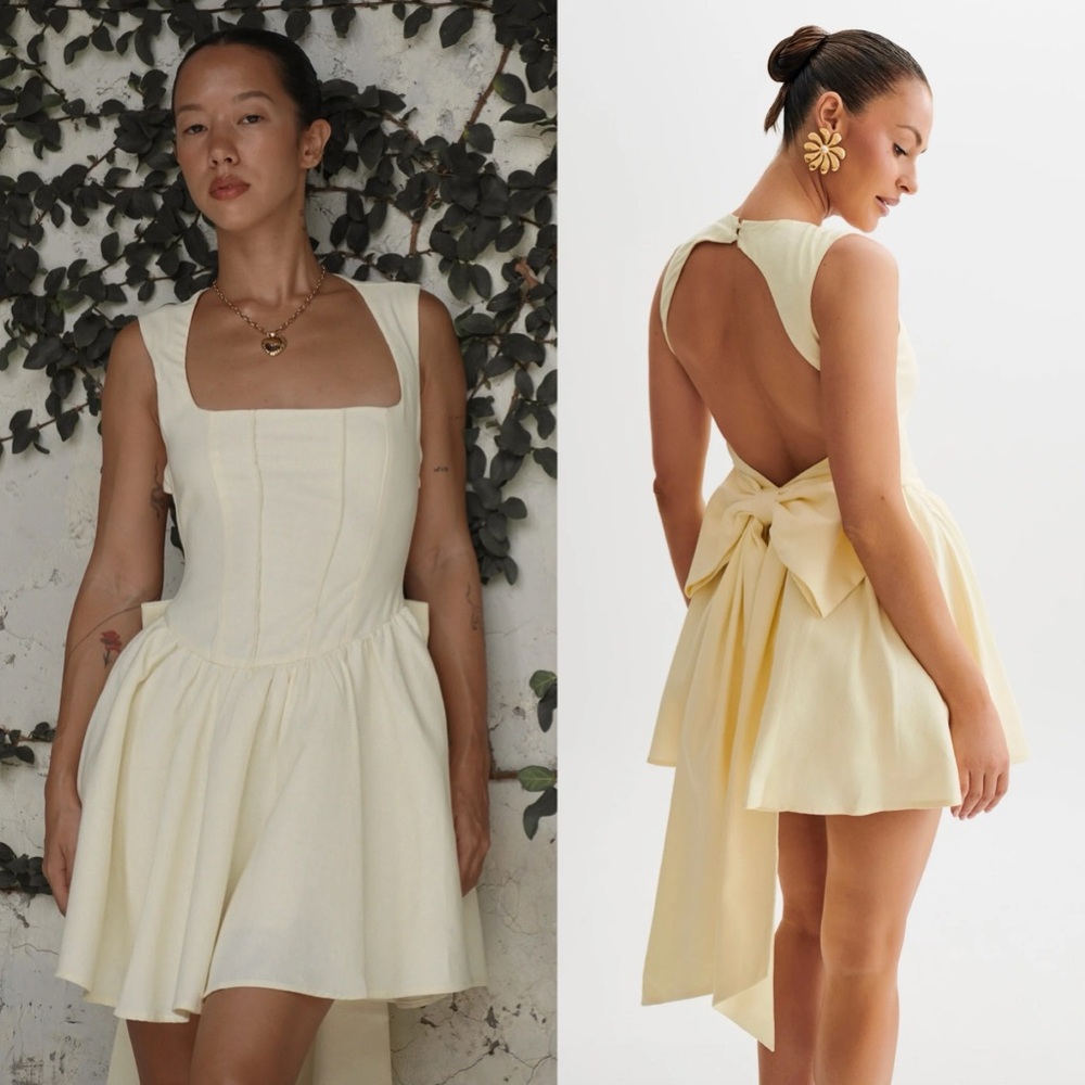 Meshki Cream Open-Back Mini Dress with Bow